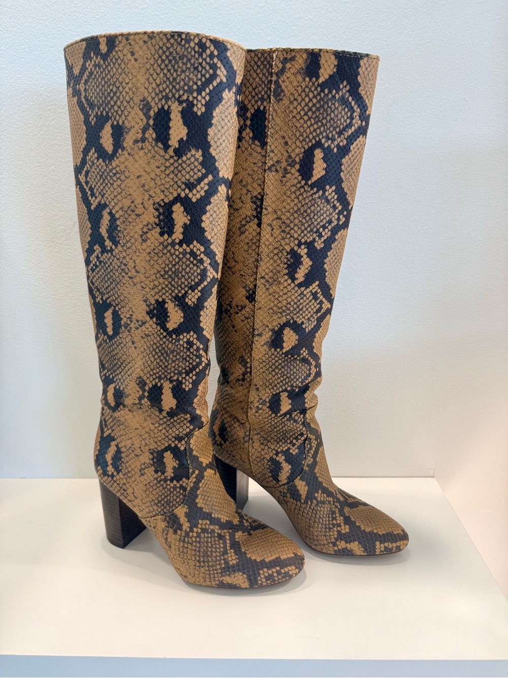 Loeffler Randall Goldy Knee-High Snake Print Boots in Gold and Black